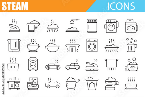Vector icons set showcasing household and transportation steam applications.