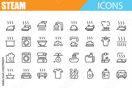 Illustration of steam-related household items such as irons, kettles, and washers.