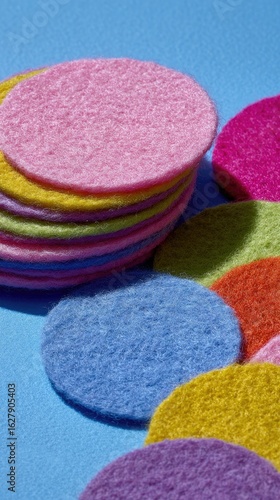 Stacked circles of felt in various colors against a blue background