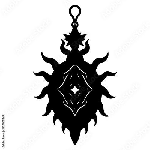Ornate Celestial Ornament with Diamond Center in Black and White Silhouette