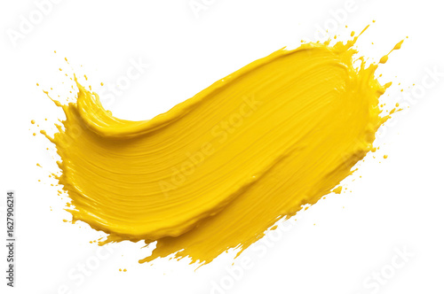 Bold yellow paint splash with dynamic brushstroke texture on transparent background.