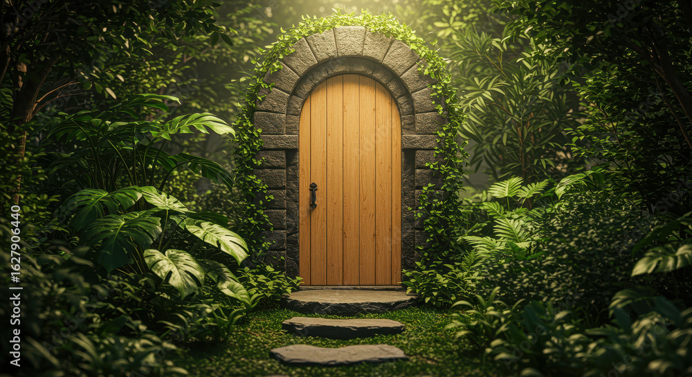 Fototapeta premium Mysterious Wooden Doorway in Lush Tropical Jungle, Serene and Enigmatic Atmosphere.