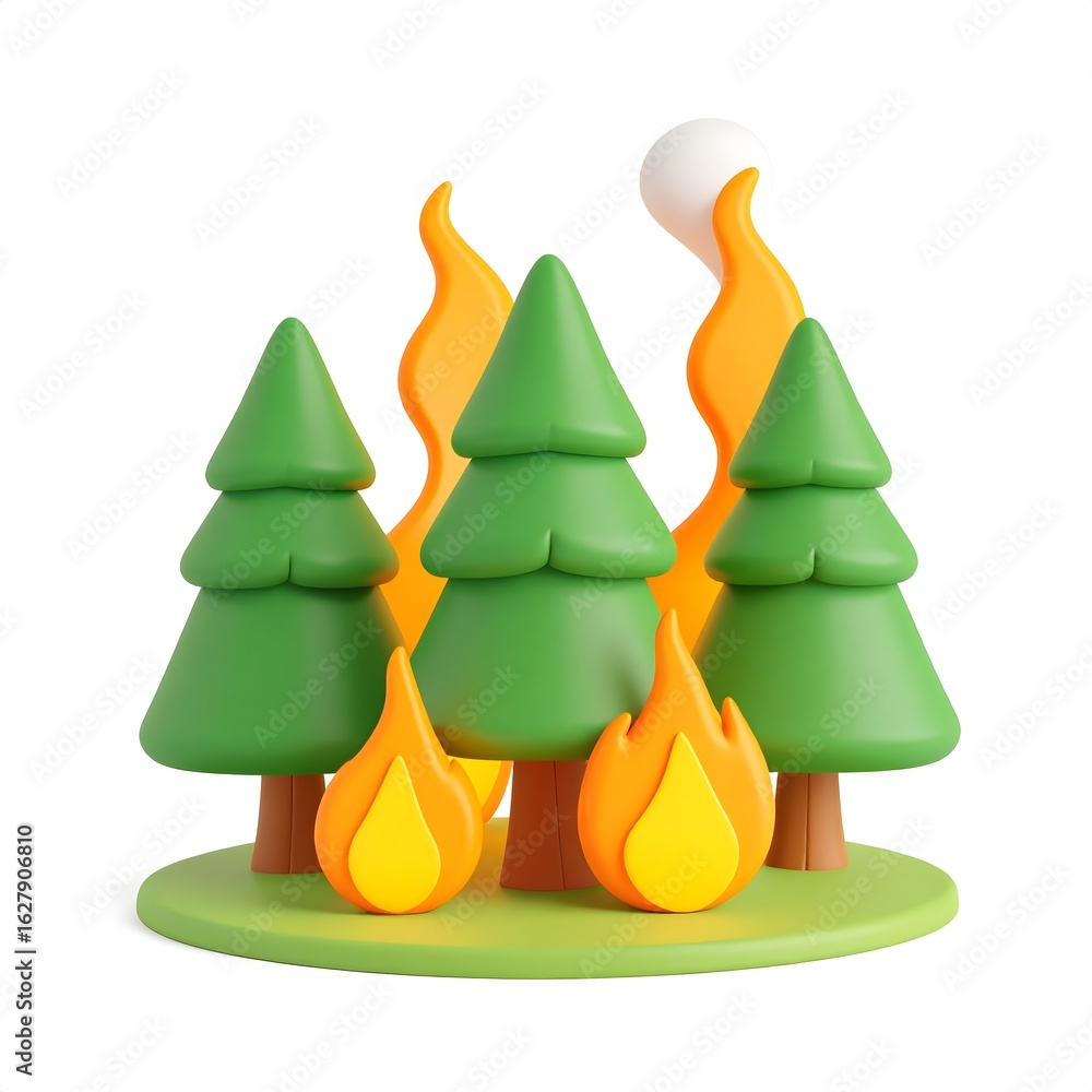 Fototapeta premium 3d cartoon wildfire scene with small pine trees burning and smoke rising, glowing orange flames, isolated icon style on white background.