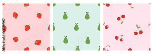 Seamless patterns of strawberry, avocado and cherry with green leaves on pink and green backgrounds vector. Cute fruit print.