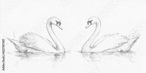 Figures of two swans. Faded brush lines and stipple dots, look like old printed paper.