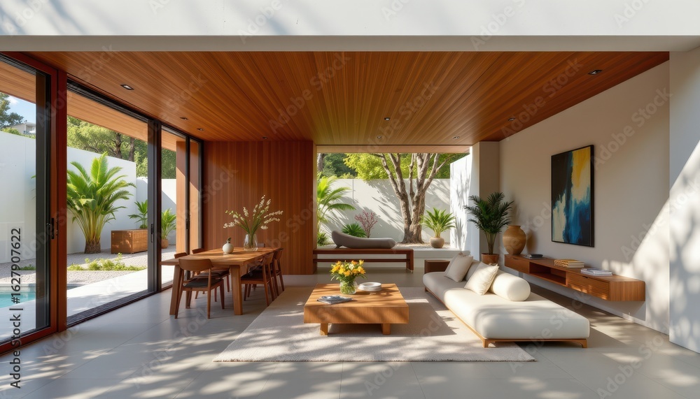Fototapeta premium interior of pavilion designed to use natural daylight as spatial divider with bright zones used for gathering and shaded corners for relaxation forming a balanced layout experience