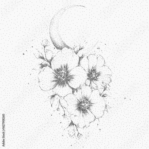 Moon and flowers, magic. Simple dark shape with a grainy threshold texture and speckled dust over a light paper background.