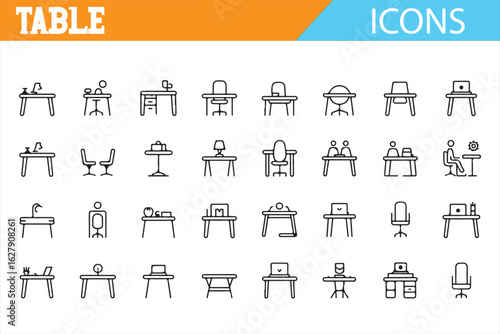 Vector icons of different tables and seating designs for home and office use.