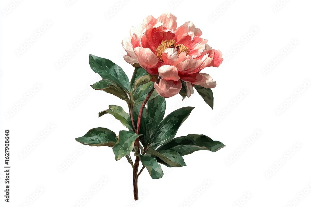 Fototapeta premium Beautiful peony flower illustration with delicate petals and lush green leaves on a white background
