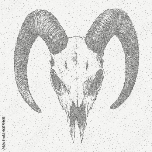 Skull with horns. Aged shape with halftone threshold effect and abstract dust texture. Speckled surface with a blend of grit and ink.