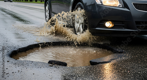 Car splashing through a large pothole on a wet road.