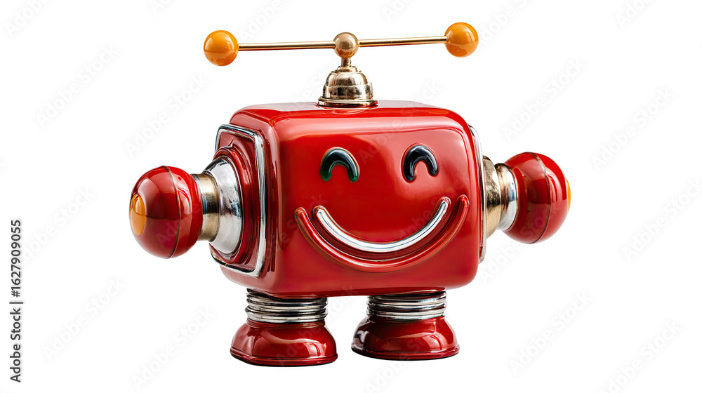 Fototapeta premium Cheerful Robot Companion: A charming, smiling red robot, its vintage design radiating positivity and whimsical joy, standing ready for adventure.