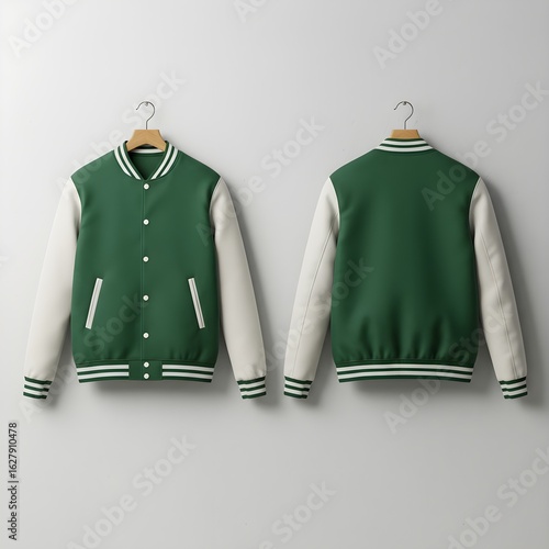 Green and White Varsity Jacket Mockup Hanging