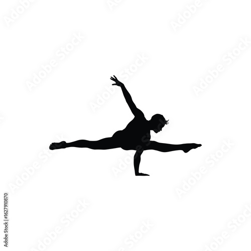 Silhouette of a flexible dancer performing a split and handstand on a white background