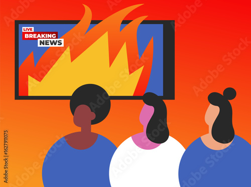 Breaking news for television with red and orange background and fire, television news broadcast for different people. Multimedia and Technology. Flat vector illustration.