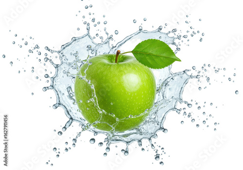 A vibrant green apple with a leaf, captured midsplash in clear water, isolated on a transparent background