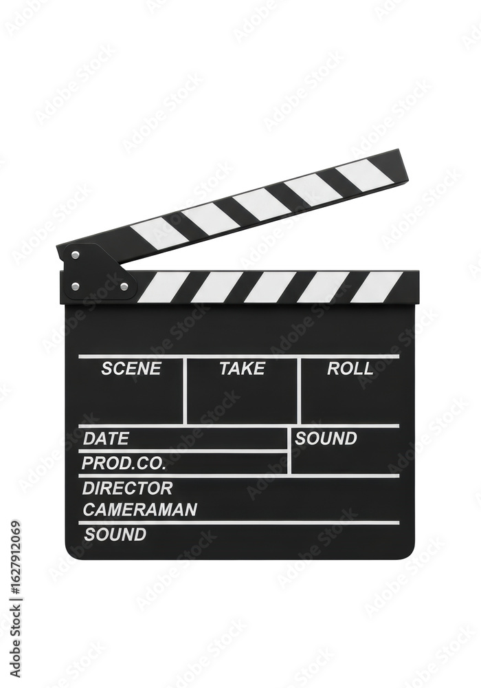 Obraz premium Black film clapperboard with its top arm slightly open, revealing black and white stripes and blank 'SCENE', 'TAKE', 'ROLL', 'DATE', 'PROD.CO.', 'DIRECTOR', 'CAMERAMAN', 'SOUND' fields, isolated on a