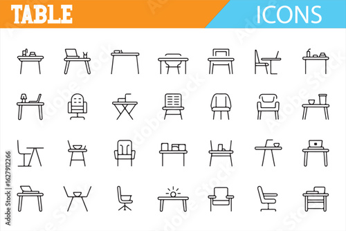 Line art icons representing various table types and home furniture.