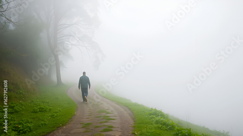 A man walking on a winding path in a dense fog, his steady pace breaking the stillness