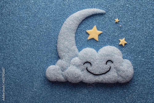A celestial night sky design featuring a crescent moon with stars, a dark blue space illustration, and a vector symbol