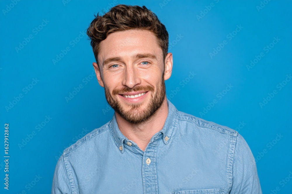 Obraz premium Smiling man with short curly hair poses against a solid blue background in a casual shirt during a bright, cheerful moment