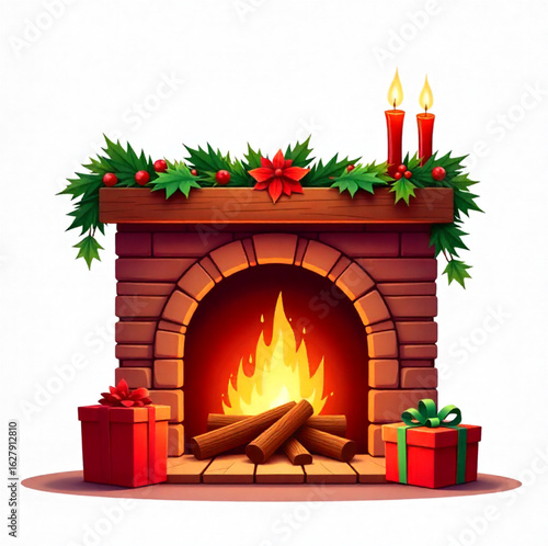 Christmas fireplace with burning flame, Christmas decorations like candle, Christmas gifts