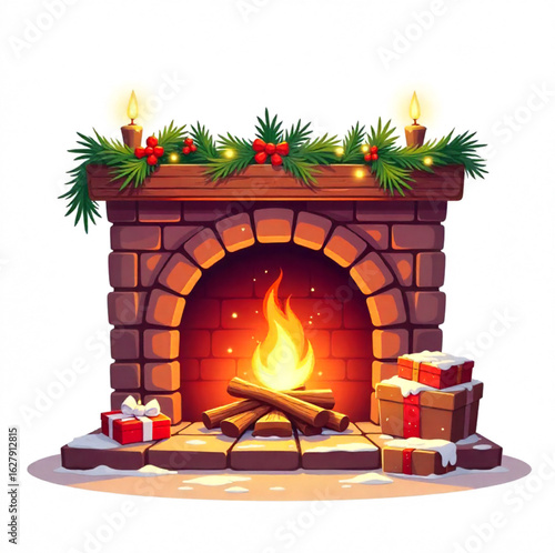 Christmas fireplace with burning flame, Christmas decorations like candle, Christmas gifts