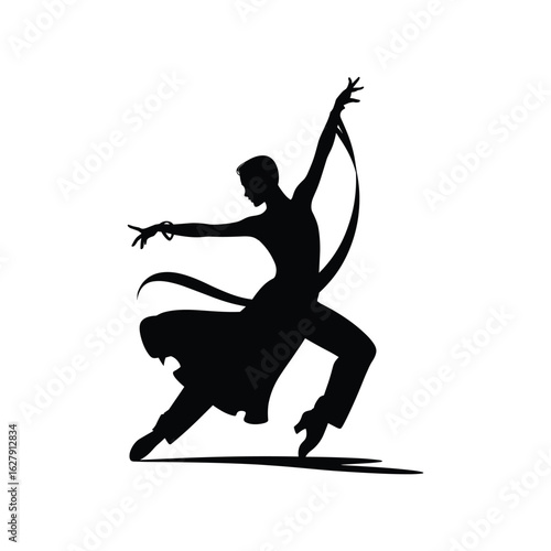 Silhouette of a graceful dancer in a dynamic pose with flowing ribbons