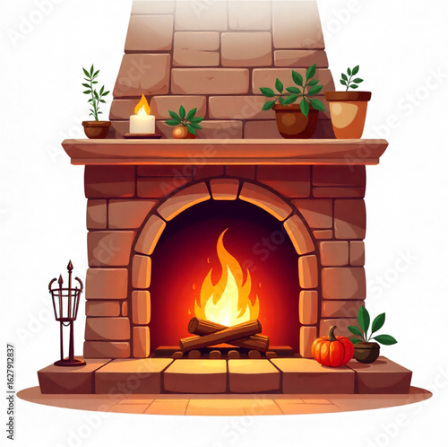 Brown fireplace with burning flame
