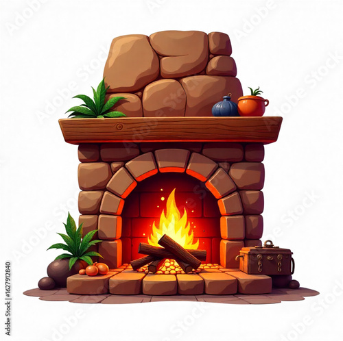 Brown fireplace with burning flame