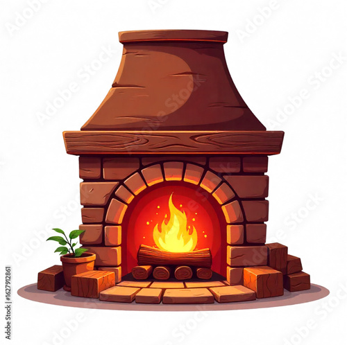 Brown fireplace with burning flame