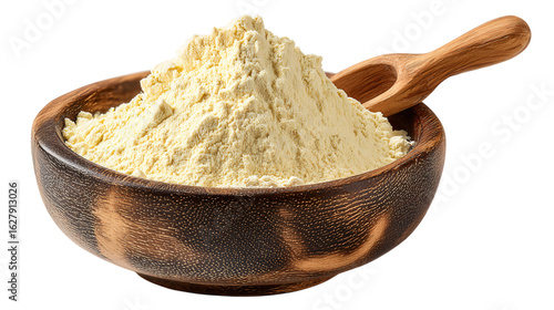 Chickpea flour in a wooden bowl with a scoop, healthy ingredient on transparent background