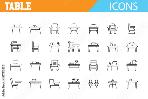 Set of table icons, featuring various table designs and furniture styles in clean line art illustrations.