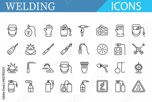 Set of vector icons illustrating essential welding safety and tools
