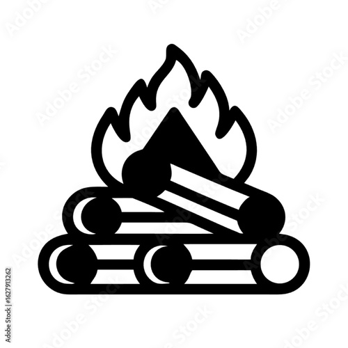 Simple campfire line icon concept for outdoor adventure and camping. A minimalist graphic symbol of a bonfire with burning wood.