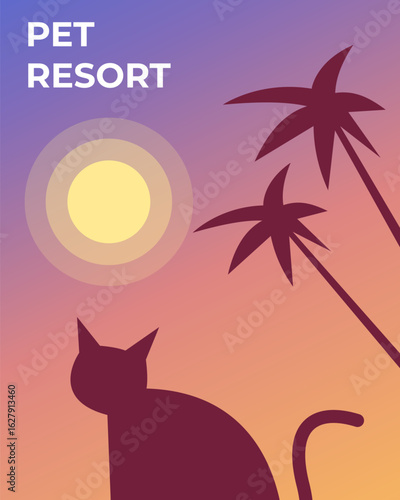 Pet resort. Cat a sandy beach, ocean in background. Funny humorous lifestyle, tropical vacation, summer holidays, warm weather theme. Flat vector illustration.