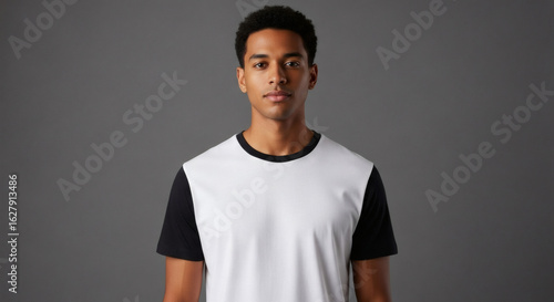 A young Black man with short dark hair and a neutral expression stands facing forward, wearing a white t-shirt with black sleeves against a plain gray background.