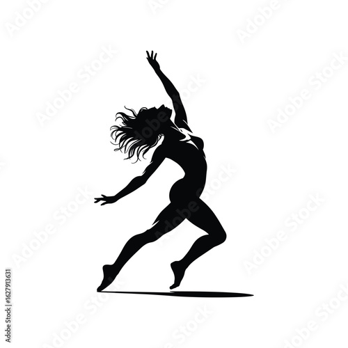 Silhouette of a graceful female dancer in motion against a white background