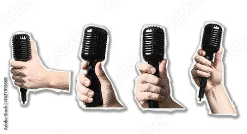 Set of hands holding classic retro microphones for broadcasting and interviews. Communication concept illustrations isolated on a transparent background..