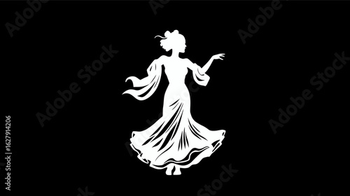 A graceful silhouette of a woman in a flowing dress, dancing elegantly, isolated on a black background