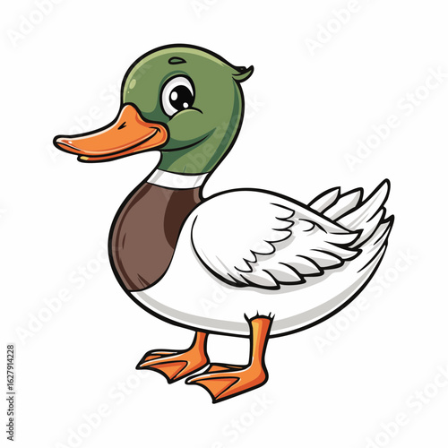 Charming Cartoon Duck Illustration with Green Head and White Feathers on White Background