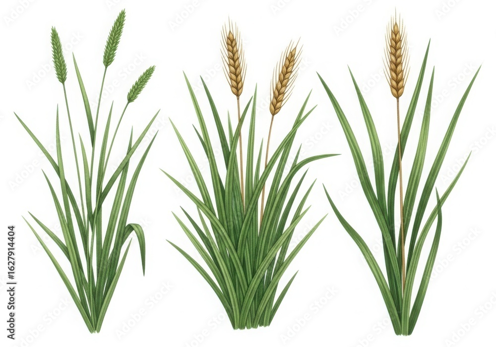 Obraz premium Botanical illustration of green grass and wheat plants isolated on white background