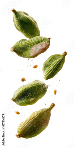 Green cardamom pods in mid-air