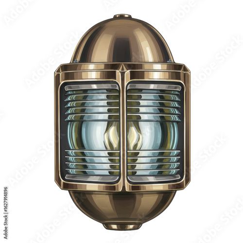 Vintage nautical lantern with glass lens, set against a plain background, ideal for maritime themes