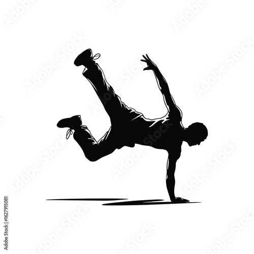 Silhouette of a breakdancer performing a dynamic freeze on one hand