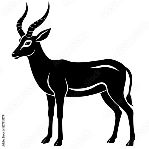 Elegant Standing Antelope Illustration with Long Horns in Black Silhouette