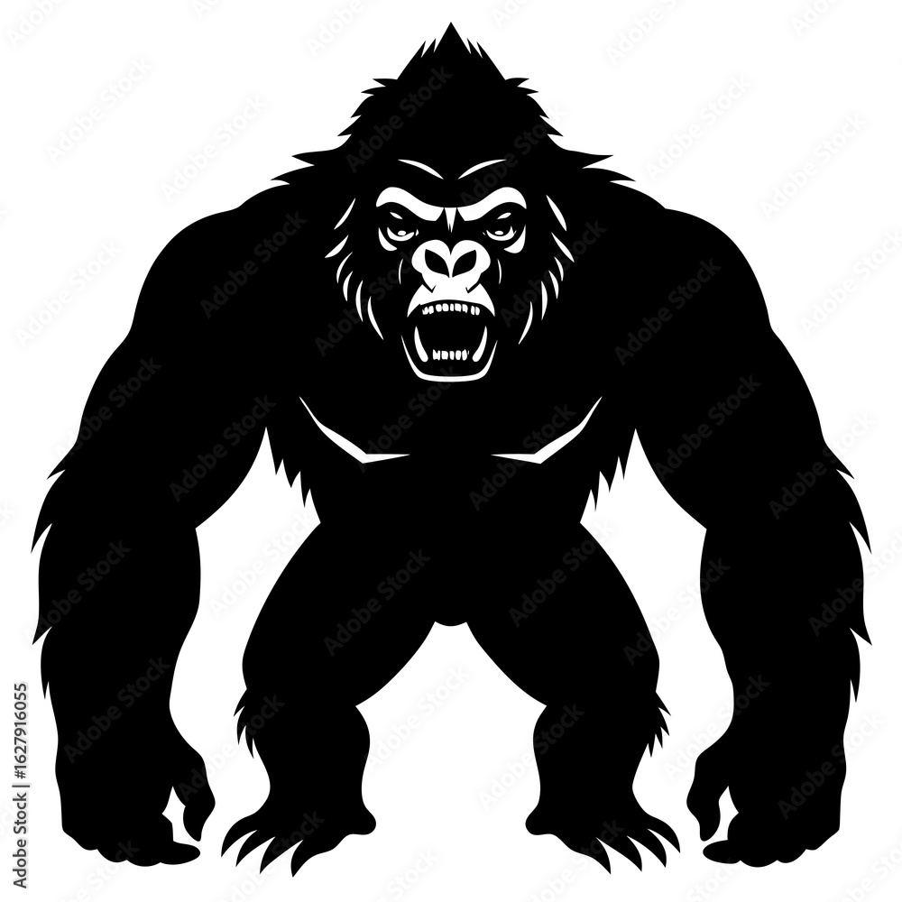 Fototapeta premium Fierce Gorilla Standing Tall with Open Mouth in Black Silhouette