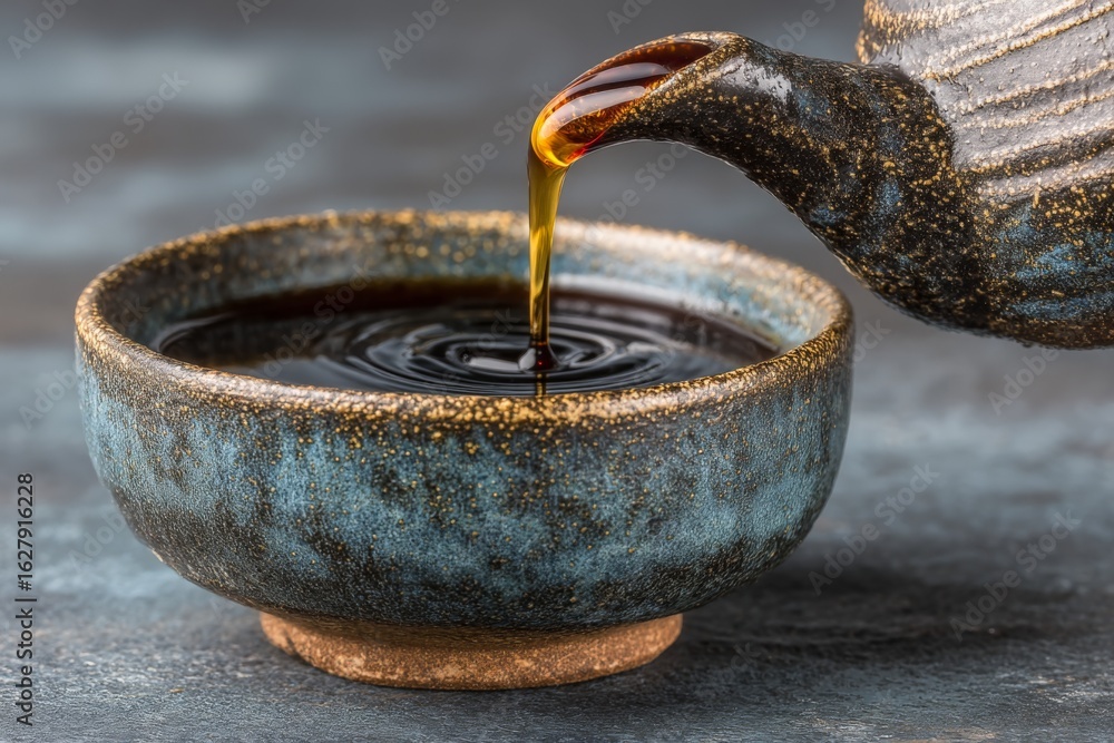 Fototapeta premium Elegant ceramic teapot pours rich golden liquid into a textured bowl on a dark surface, showcasing the art of tea preparation