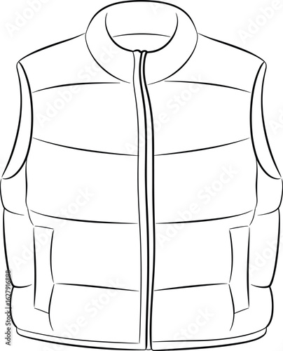 CAD Drawing Flat Vector Illustration, Stylish Puffer Vest Design, Functional Winter Clothing, Warm Outerwear, Layering Piece, Fashionable, Comfortable, Outdoor Gear