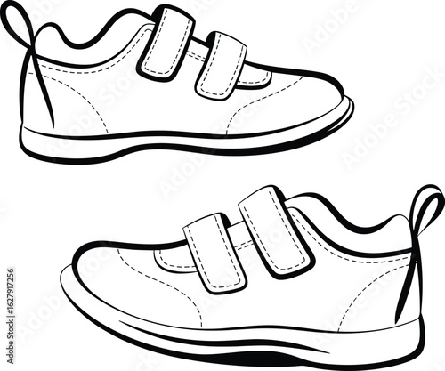 CAD Drawing Flat Vector Illustration, Kids Velcro Shoes, Comfortable, Durable, Stylish Footwear for Active Children, Easy Wear, Black and White Clipart